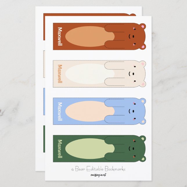 4 Cute Bear Editable Bookmarks with cut-out hands (Front/Back)