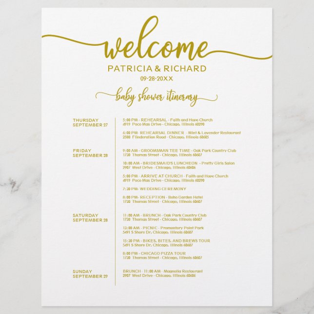 4 Days Baby Shower Itinerary Gold Timeline (Front)