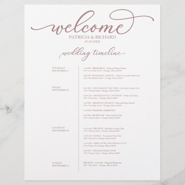 4 Days Wedding Itinerary Chic Rose Gold Script (Front)