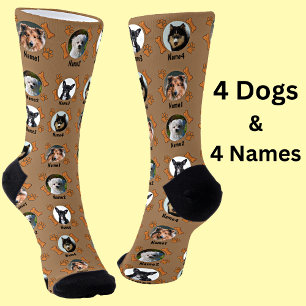 4 Dog Photos & 4 Names + Bones & Paw Prints Brown Socks