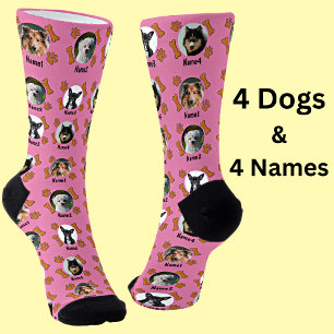 4 Dog Photos & 4 Names + Bones & Paw Prints Pink Socks