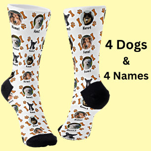 4 Dog Photos & 4 Names + Bones & Paw Prints White Socks