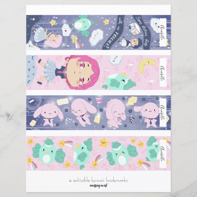 4 Editable Kawaii Blue & Pink Bookmark (Front)