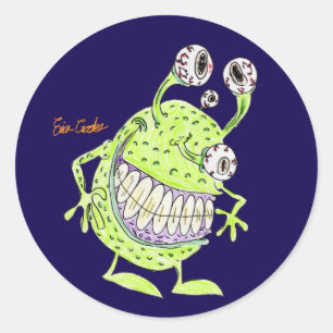 4 eyed green alien monster classic round sticker