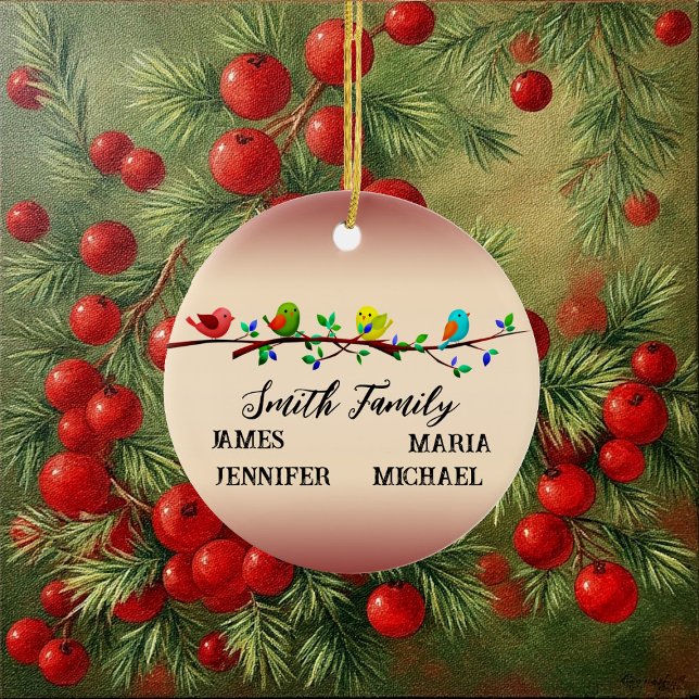 4 Family Members Personalised Name Christmas Birds Ceramic Tree Decoration (4 Family Members Personalized Name Christmas Birds Ceramic Ornament)