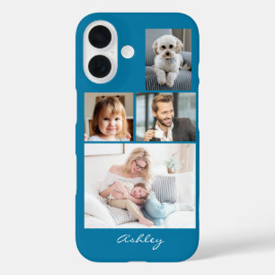 4 Family or Friends Photos, Script Name on Blue iPhone 16 Case
