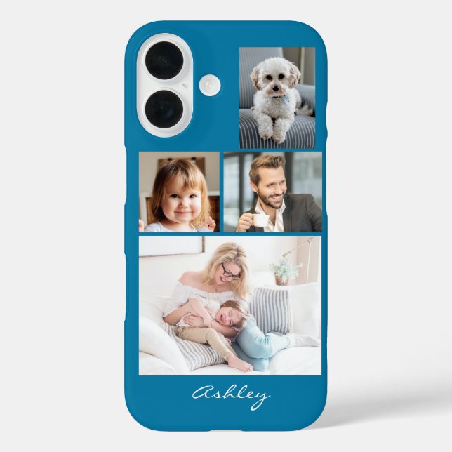 4 Family or Friends Photos, Script Name on Blue Case-Mate iPhone Case (Back)