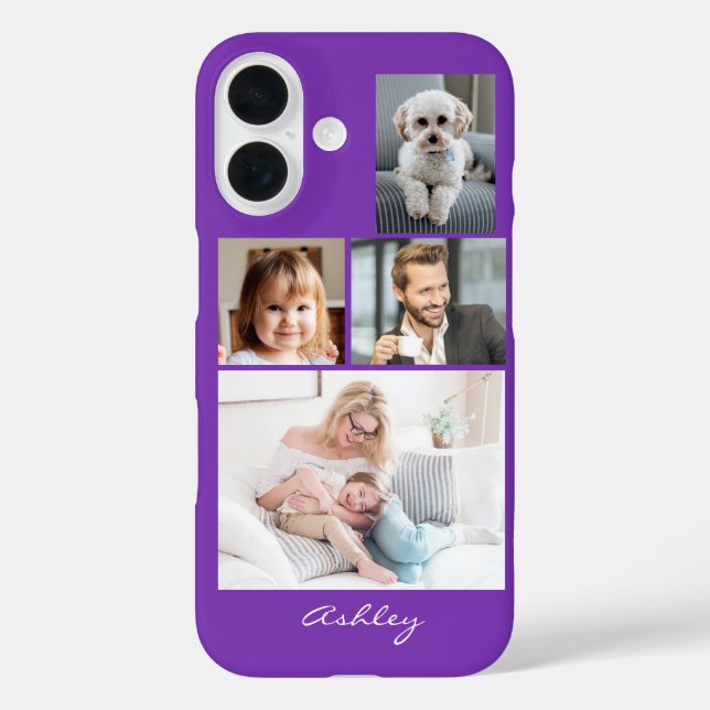 4 Family or Friends Photos, Script Name on Purple Case-Mate iPhone Case (Back)