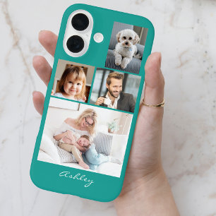 4 Family or Friends Photos, Script Name on Teal iPhone 16 Case