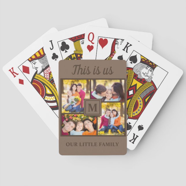 4 Family Photo Collage This is Us Brown Monogram Playing Cards (Back)
