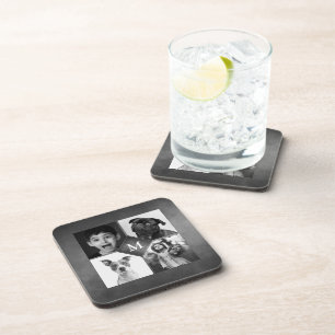 4 Family Photos Black White Chalkboard Monogram Coaster
