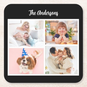 4 Family Photos & Name on Black, White Border Square Paper Coaster