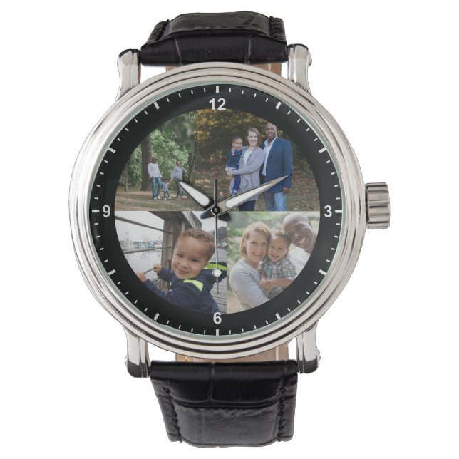4 Family Photos Template Simple Black Border Frame Watch (Front)