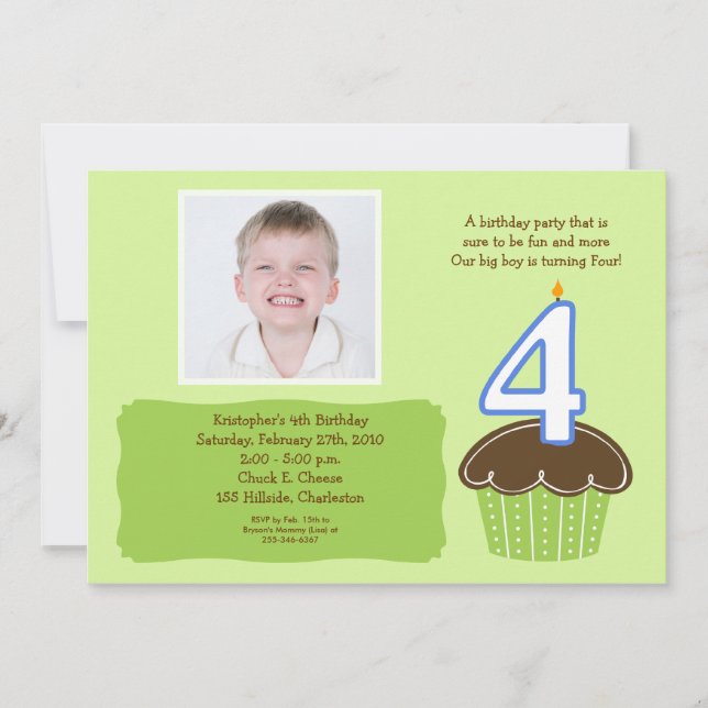 4 FOUR year old CUPCAKE PHOTO BIRTHDAY INVITE (Front)