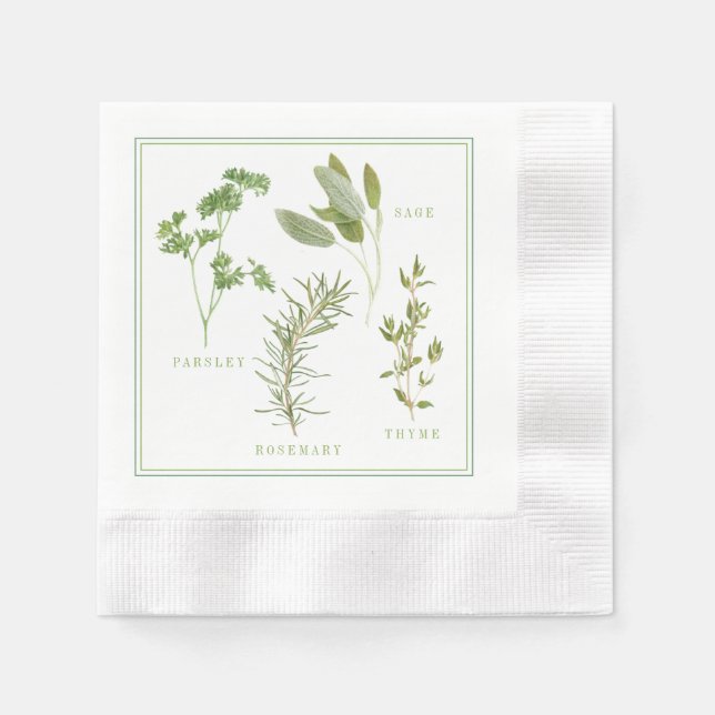 4 FRESH HERBS Coined Cocktail Paper Napkins (Front)