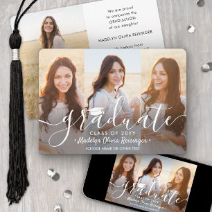 4 Graduation Photos Modern White Script Overlay Announcement