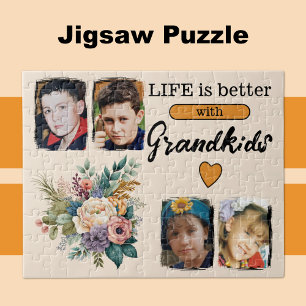 4 grandkids photo floral orange jigsaw puzzle