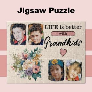 4 grandkids photo floral pink jigsaw puzzle