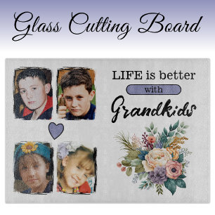 4 grandkids photo floral purple cutting board
