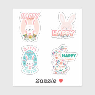 4 Happy Easter with bunny and flowers stickers