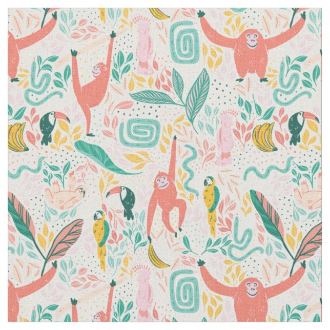 (4 in) Colourful Happy Jungle Animals Pattern Fabric (Close Up)
