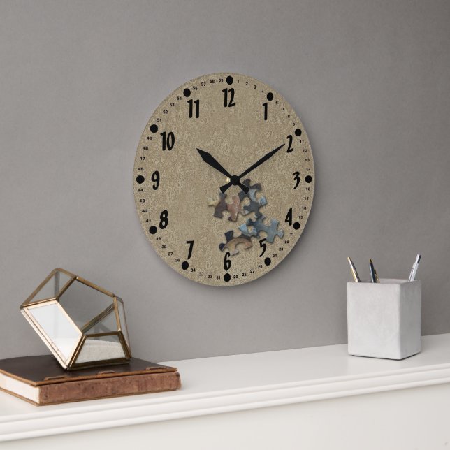 4 Jigsaw Puzzle Pieces Sandy Texture Earth Tone Large Clock (Office)