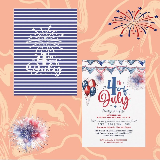 4 July Balloon Modern Calligraphy Party Invitation (4th July Calligraphy Independence Party Invitation)