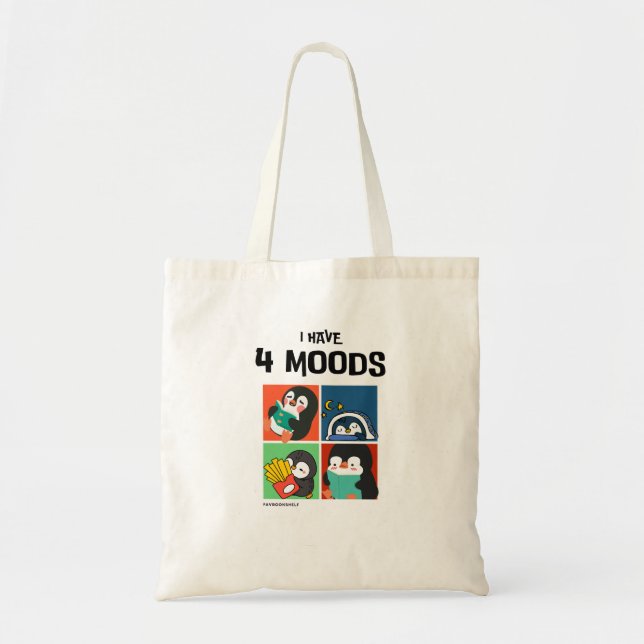4 Moods Penguin | Funny Bookworm Tote Bag (Front)