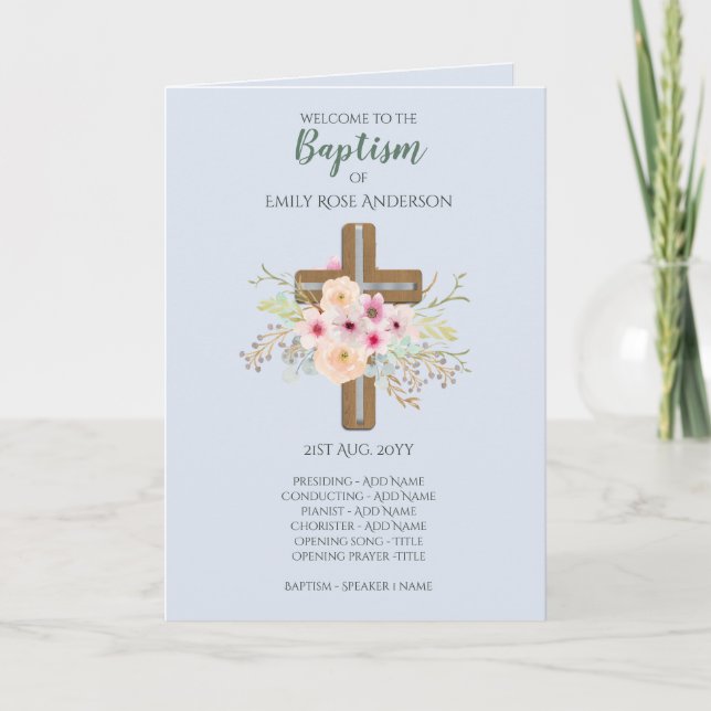 4 page BAPTISM Program - Floral Cross Blue Programme (Front)