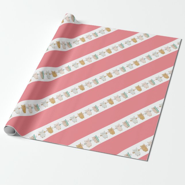 4 Pastel Owls Flying Wrapping Paper (Unrolled)