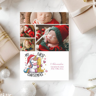 4 Photo 1st Baby Christmas Pink Gold Unicorn Holiday Card