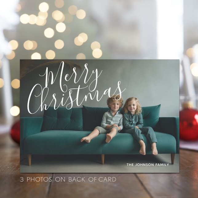 4 Photo (3 on back) Merry Christmas Calligraphy Holiday Card (4 Photo Christmas Card - Download Option Available)