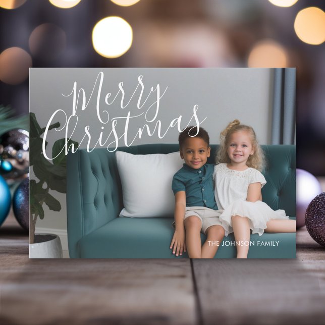 4 Photo (3 on back) Merry Christmas Script Holiday Card (Modern Christmas Photo Greeting Card)