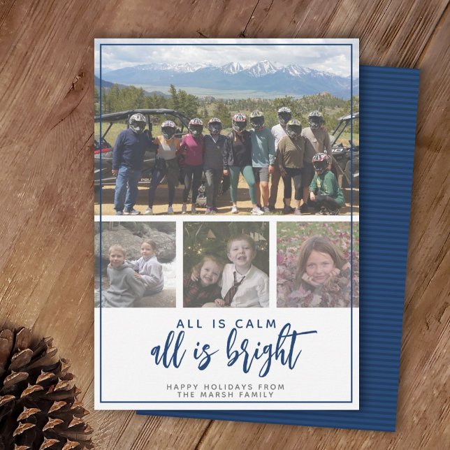4 Photo - All is Calm Bright - Dark Blue Christmas Holiday Card (Creator Uploaded)