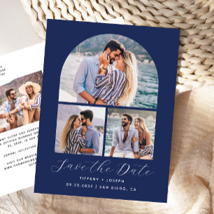 4 Photo Arch Navy Blue Save the Date Postcard