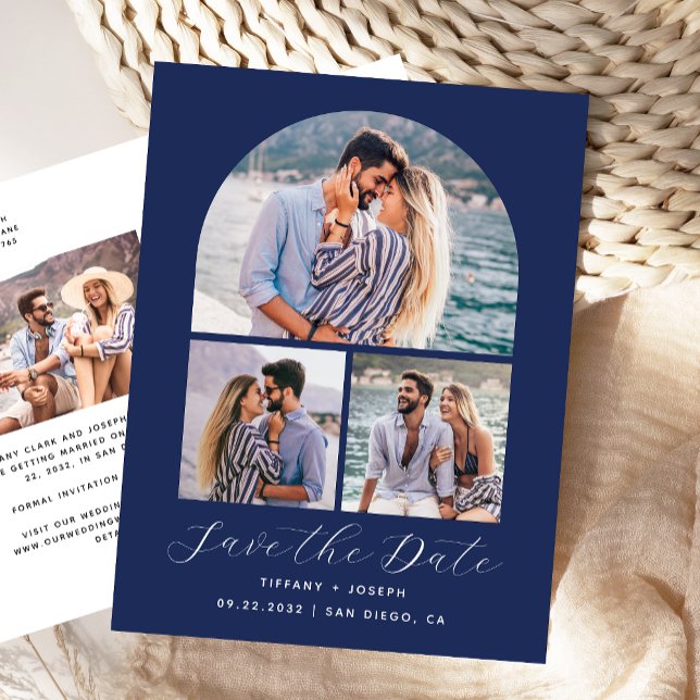 4 Photo Arch Navy Blue Save the Date Postcard (Creator Uploaded)
