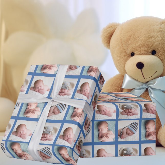 4 Photo Baby Boy Blue Cute Custom 1st Birthday Wrapping Paper (Creator Uploaded)