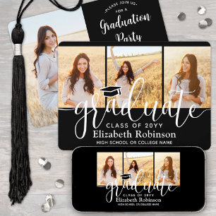 4 Photo Black and White Script Graduation Party Invitation