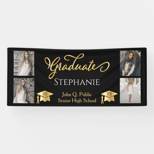 4 Photo Black Gold Graduate Name School Banner (Horizontal)