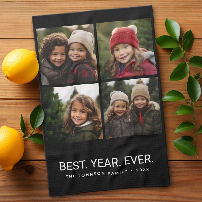 4 Photo Black White Minimalist - Best Year Ever Tea Towel (Custom Kitchen Towel with Photo Collage)