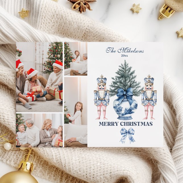 4 Photo Blue Chinoiserie Nutcracker Christmas Holiday Card (Creator Uploaded)