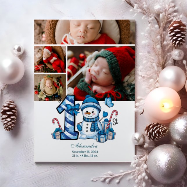 4 Photo Blue Snowman First Christmas Holiday Card (Creator Uploaded)