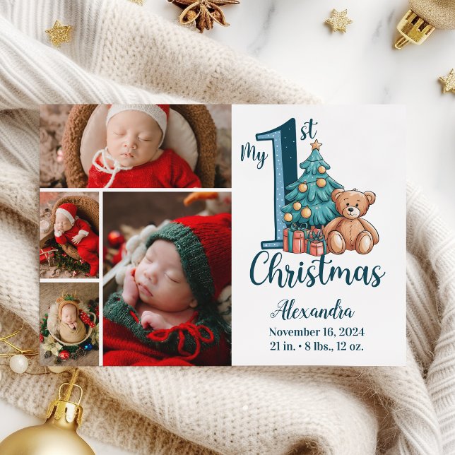 4 Photo Blue Teddy Baby 1st Christmas Holiday Card (Creator Uploaded)