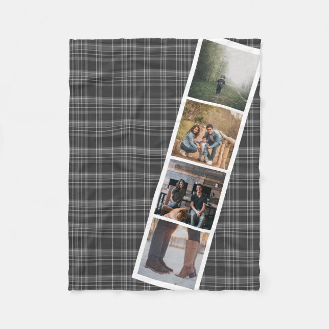 4 Photo Booth Style Grey Tartan Personalised Fleece Blanket (Front)