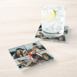 4 Photo Bow Wrap Christmas Newlyweds Modern Glass Coaster