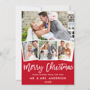 4 Photo Brush Script Wedding Christmas Red Holiday Card