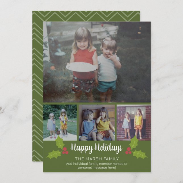 4 Photo Christmas Collage - Retro Holly Holiday Card (Front/Back)
