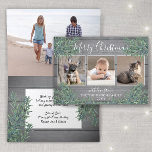 4 Photo Christmas Greenery & Grey Wood Folded Holiday Card