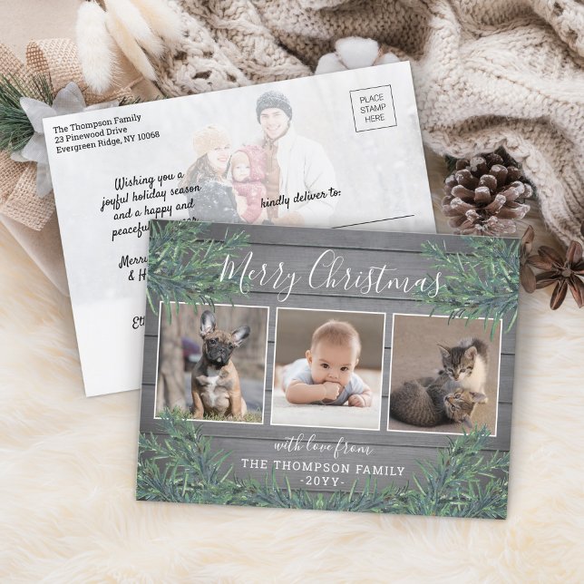 4 Photo Christmas Greenery & Rustic Grey Wood Holiday Postcard (Creator Uploaded)