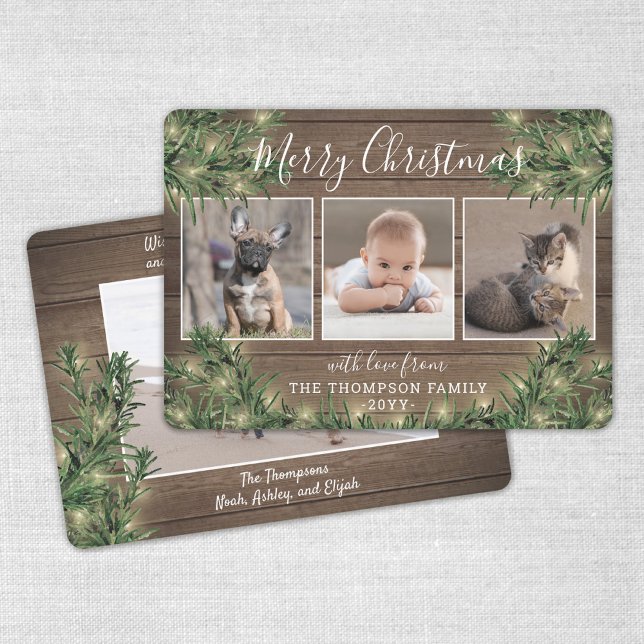 4 Photo Christmas Greenery, Rustic Wood & Lights Holiday Card (Creator Uploaded)